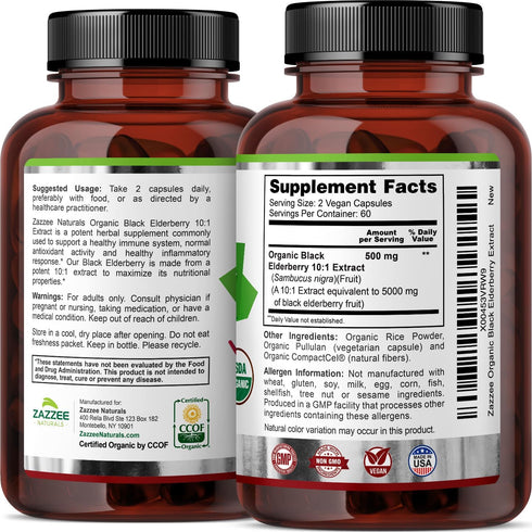 Zazzee USDA Organic Black Elderberry 10:1 Extract, 5000 mg Strength, 120 Vegan Capsules, 2 Month Supply, Standardized, Concentrated 10X Extract, 1...