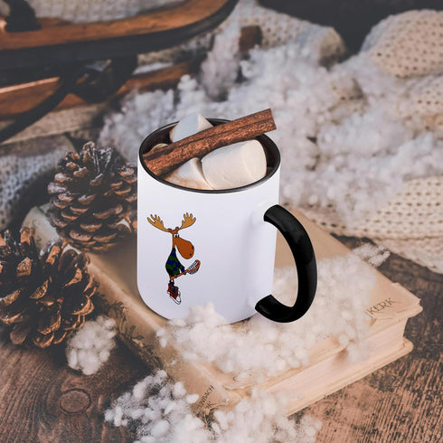 3dRose "Funny Moose With Lacrosse Stick Art" Two Tone Black Mug, 11 oz, Black...