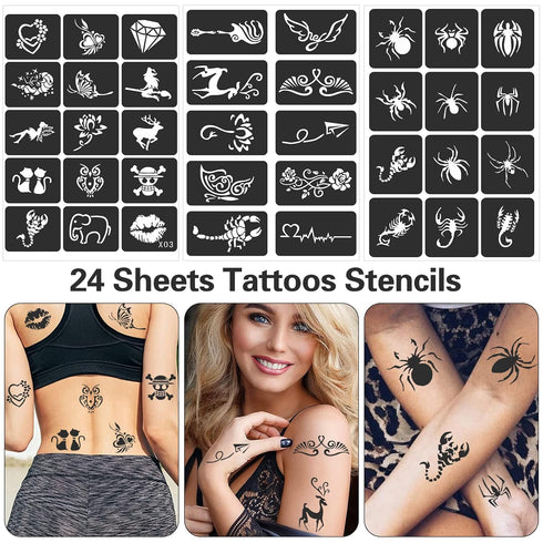 Tattoo Stencils For Kids Teens Adults, 24 Sheets Henna Tattoo Stencil Kit, 400 Tattoos Design, Tattoo Stencils for Real Tattoos, Airbrush Tattoo S...
