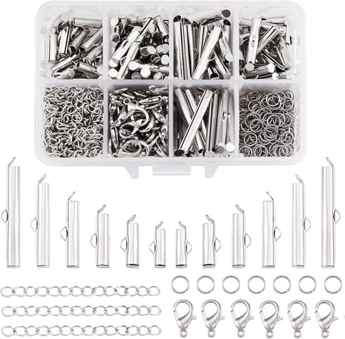 Beadthoven All 6 Size Slide On End Clasps with Extender Chains Jump Rings Lobster Clasps Cord Tube Crimp Ends Findings for Multi-Strand Necklace B...