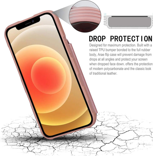 Arae Compatible for iPhone 12/12 Pro 6.1 inch Case with Card Holder - Wallet Case with PU Leather Card Pockets Back Flip Cover - Rose Gold...