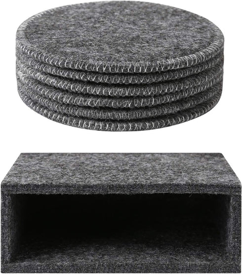 Drink Coasters Set of 6 with Holder - Dark Gray Round Water Absorption Felt Mat, Prevent Furniture from Dirty and Scratched, Suitable for Kinds of...
