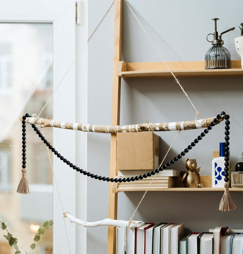 58in Wood Bead Garland with Tassels, Farmhouse Rustic Country Decor Prayer Boho Wall Hanging Decoration (Black)...
