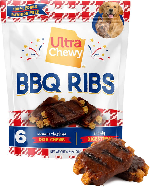 Ultra Chewy BBQ Ribs: Long-Lasting Treats for Large and Small Breeds, Highly Digestible, Made with Real Chicken (3 Value Packs)...