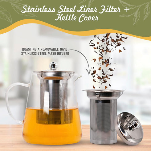 Glass Teapot with Removable Stainless Steel Infuser (32oz / 950ml) - High Borosilicate, Stovetop & Microwave Safe, Heat-Resistant Tea Kettle - Blo...