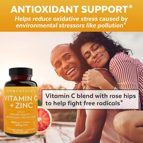 Viva Naturals Vitamin C and Zinc Supplement (250 Capsules) - 1000 mg Vitamin C with Zinc 20 mg Antioxidant Supplements for Immune Support, Plant B...