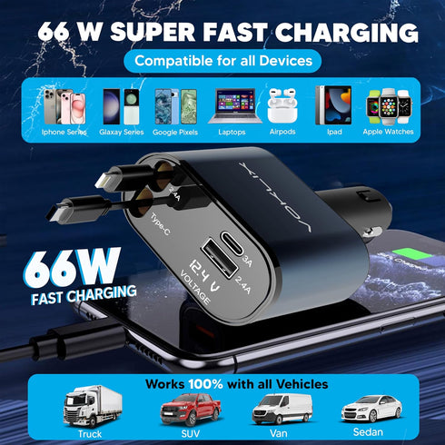 Retractable Car Charger, 4 in 1 Retractable Car Charger 66W with Cord 2.6ft, USB C Car Charger, Retractable Cables and USB Car Charger Adapter Com...