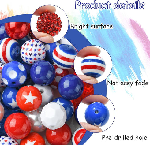 DanLingJewelry 50Pcs Random 20mm Acrylic Round Beads Independence Day Acrylic Beads Red White Blue Spacer Beads for Crafts Jewelry Making...