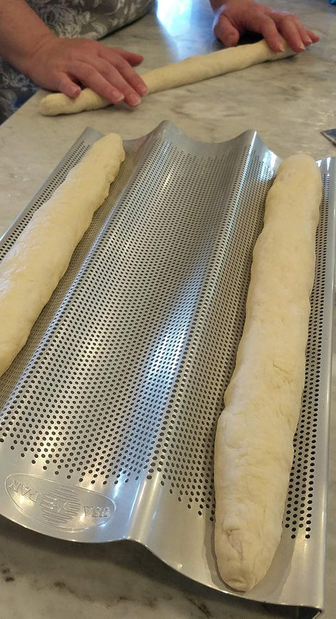 USA Pan Bakeware Aluminum Perforated Nonstick French Baguette Bread Pan, 3-Loaf...