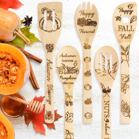 5Pcs Autumn Theme Wooden Spoons Utensils Set, Fall Pumpkin Cooking Utensils Non-Stick Spatula Carve Burned Bamboo Spoons Kitchen Cookware Gadget K...