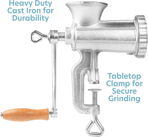 Meat Grinder w Tabletop Clamp & 2 Cutting Disks, Cast Iron Heavy Duty Sausage Maker & Manual Meat Mincer- Homemade Burger Patties, Ground Beef & M...