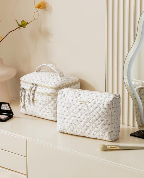 HBselect 2Pcs Double Layer Travel Makeup Bag Women, Cotton Quilted Makeup Bag Coquette Makeup Bag Large Travel Cosmetic Bag Aesthetic Cute Kawaii ...