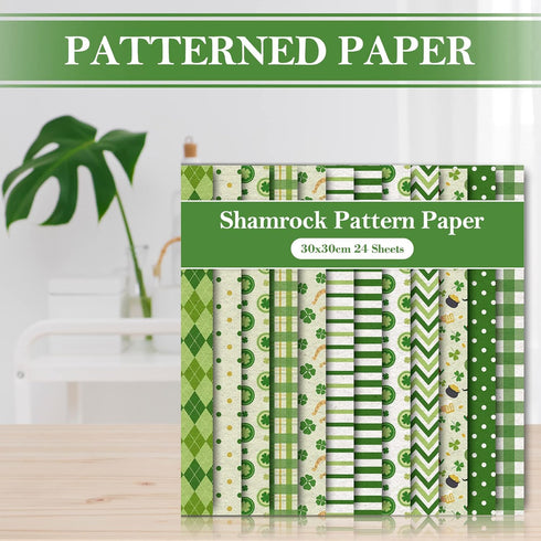 Whaline 12 Designs St. Patrick's Day Pattern Paper 24 Sheet Green Lucky Clover Stripe Plaid Dot Scrapbook Paper Double-Sided Decorative Craft Pape...