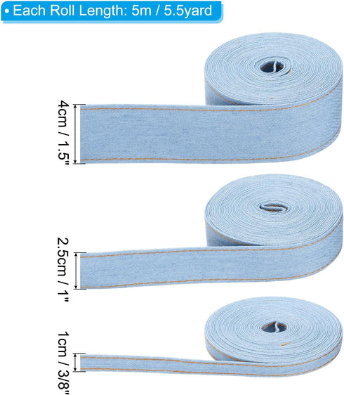 PATIKIL 3/8", 1", 1.5" Denim Ribbon Set, 3 Roll 3 Sizes Total 16.5 Yard Layering Jean Fabric Craft Strip for Bow DIY Making Hair Clip Garment Sewi...