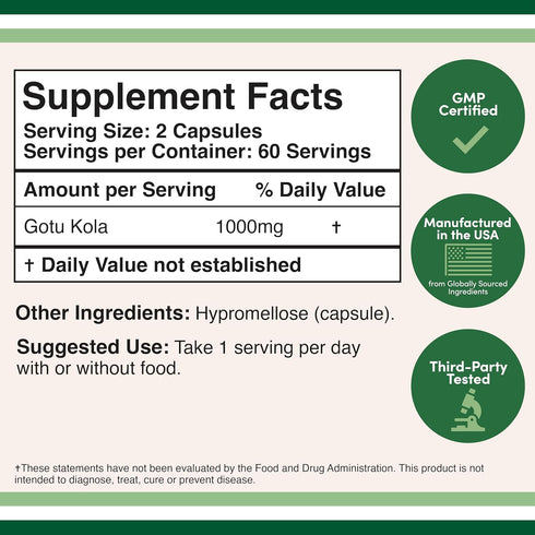 Gotu Kola Capsules (Centella Asiatica) 1,000mg of Per Serving (120 Capsules) No Fillers, Vega, Safe, Non-GMO, Gluten Free (Gotu Kola Extract for R...