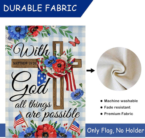 With God All Things are Possible July 4th Patriotic Decorative House Flag, American Religious Cross Anemone Flower Home Yard Garden Outdoor Decor,...