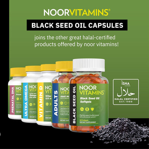 Noor Vitamins Halal Black Seed Oil Capsules, Halal Vitamins, 1000 mg Black Seed Oil from Nigella Sativa, Thymoquinone, Non-GMO, Gluten Free, 60 Co...
