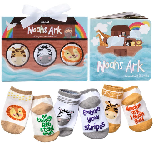 Tickle & Main Noah’s Ark 4-Piece Gift Set for Infants 0-12 Months, includes Storybook and 3 Pairs of Animal Socks Noah Arc Noahs Ark Book for Baby...