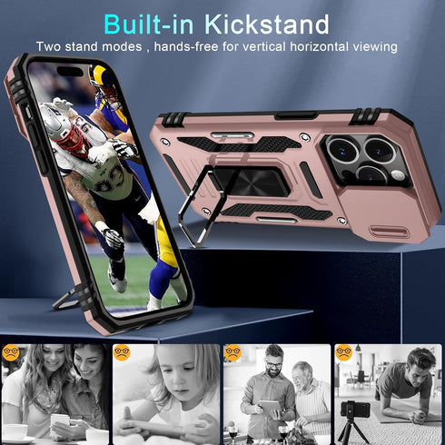 DEERLAMN for iPhone 15 Pro Max Case with Slide Camera Cover+Screen Protector(1 Pack), Rotated Ring Kickstand Military Grade Shockproof Protective ...