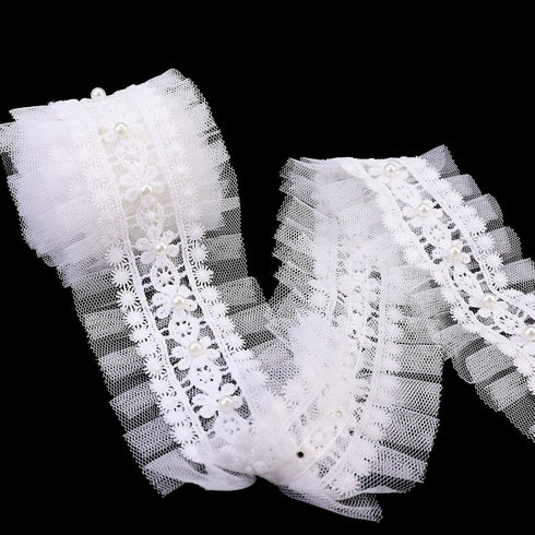 IDONGCAI Multilayer Ruffled Lace Trim Fabric Floral Embroidery Ruffled Lace Pleated Ruffled Lace Ribbon for Wedding Dress Tutu Skirt Home Decor Gi...