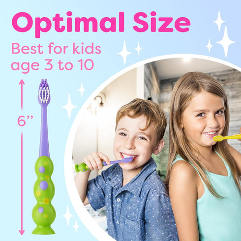 Kids Toothbrush 4 Pack - Soft Bristles with Suction Cup - Toothbrush Kids, Child Sized Brush Heads (3-10 Year Old) Kid Toothbrush with Easy Storag...
