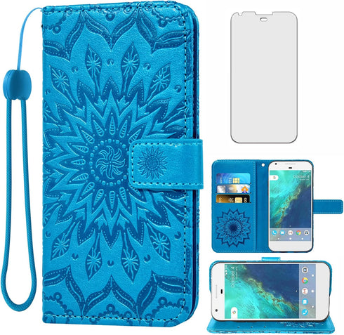 Phone Case for Google Pixel XL Wallet Cases with Tempered Glass Screen Protector and Leather Magnetic Slim Flip Cover Card Holder Stand Cell Acces...