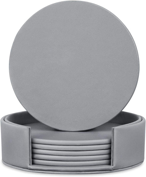 Coasters for Drinks, Thipoten Leather Coasters with Holder, Protect Furniture from Damage(6PCS, Grey)...
