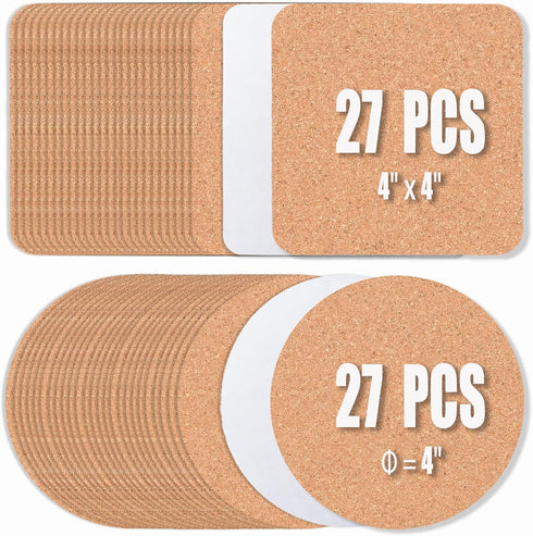 54 Pcs Cork Coasters 4 Inches with Adhesive, Cork Sheets Mats Bulk for Drinks, Plants, DIY Crafts, Office, 27 Pcs Curved-Edge Squares Cork Tiles a...