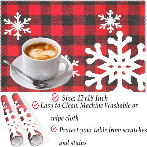 Christmas Red Plaid Snow Snowflake Placemats Set of 6 Table Mat, Red Black Lattice Texture Table mats Placemats Heat-resistant Stain Resistant Was...