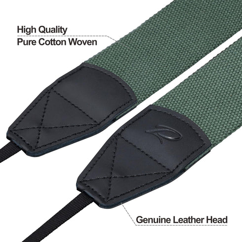 Padwa Lifestyle Dark Green Camera Strap - 2" Wide Cotton Woven Genuine Leather Head Camera Straps,Complimentary 2 Pcs Quick Release Clips for All ...