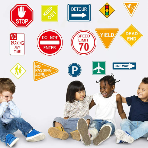 Zonon 15 Pieces Road Signs Wall Decal Traffic Street Signs Stickers Stop Street Transportation Vinyl Wall Decals for Kids Bedroom Classroom Playro...
