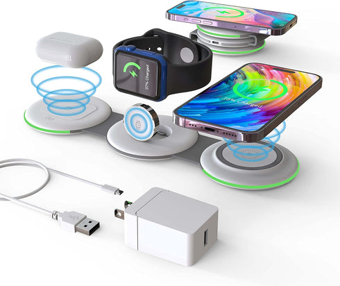 DREU 3 in 1 Wireless Charging Station, Foldable Charging Pad, Compatible with MagSafe for Multiple Devices for iPhone 15/14/13/12/11/XS/Pro Max/X/...
