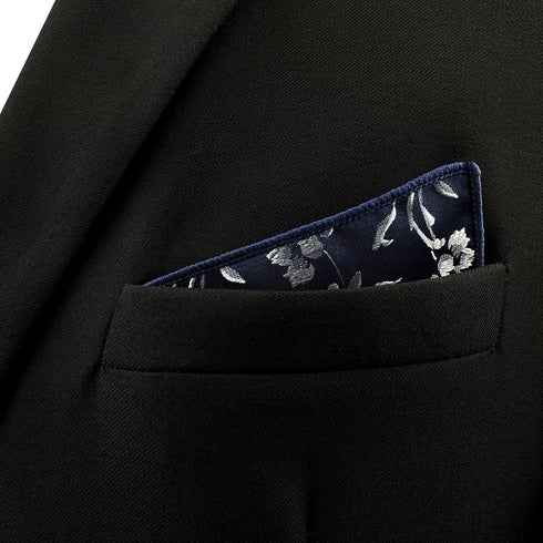 S&W SHLAX&WING Floral Pocket Square for Men Dark Blue Silver Unique Design 12.6" Large...