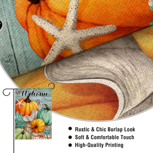 Welcome Fall Thanksgiving Teal blue Pumpkin Nautical Home Decorative Garden Flag, Autumn Yard Lawn Coastal Ocean Outside Decor, Beach Farmhouse Ou...