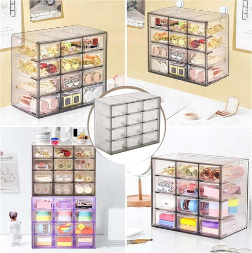 Desk Storage Organizer with 12 Mini Drawers, Clear Desktop Craft Drawer Cabinet, Stackable Storage Box Caddy for Makeup Jewelry Office Craft Suppl...