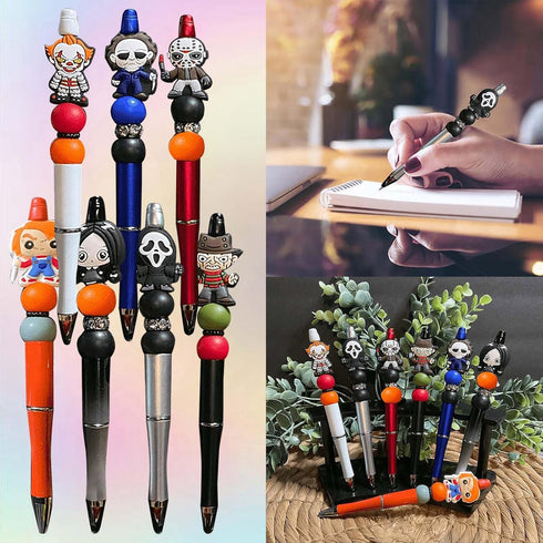 7PCS Horror Beadable Pens Horror Movie Pens Refillable Novelty Ballpoint Pen Set Halloween Spooky Pen Horror School Office Desk Accessories Gift f...
