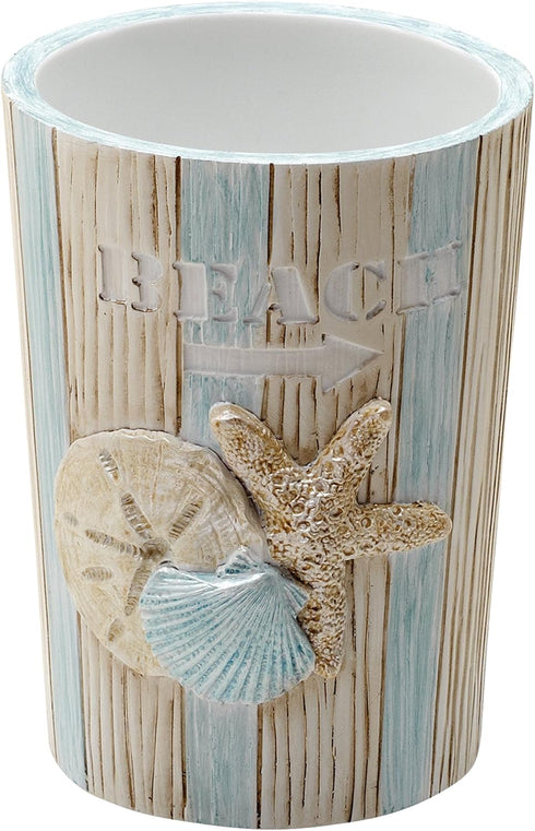 Zenna Home Seaside Serenity Bathroom Tumbler with Carved Resin Design, Cotton Swab Holder or Jewelry Holder for Bathroom Decor with Hand-Painted S...