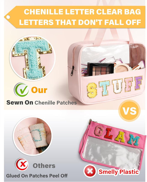 Modern Transparent Makeup Pouch with Embroidered Monogram - Clear Toiletry Bag with Wristlet for Women and Girls - Stylish Waterproof Cosmetic Cas...