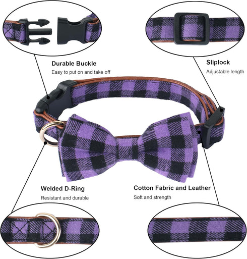 ADOGGYGO Halloween Dog Collar with Bow, Adjustable Plaid Dog Collars with Removable Bowtie Orange Purple Plaid Halloween Collars for Medium Dogs P...