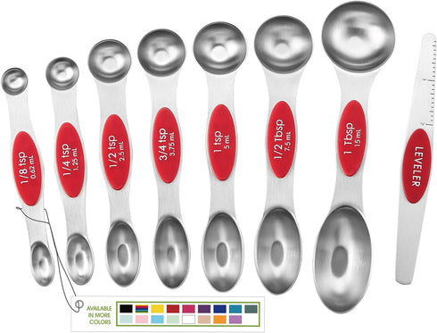 Spring Chef Red Stainless Steel Magnetic Measuring Spoons Set of 8 with Leveler, Dual Sided Nesting Teaspoon & Tablespoon Measuring Spoons, Kitche...