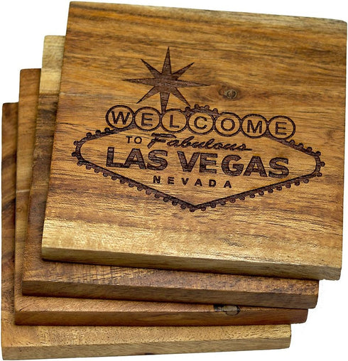 Las Vegas Coasters, Las Vegas Welcome Sign Drink Coasters – Las Vegas Gifts & Souvenirs, Engraved Acacia Wood Coasters with Las Vegas Sign Design ...