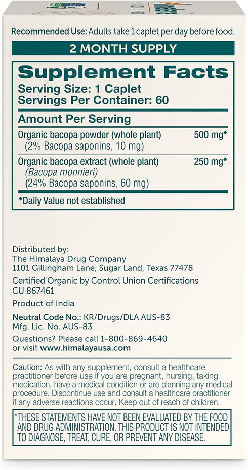 Himalaya Organic Bacopa Monnieri Nootropic Herbal Supplement, Supports Calm, Memory, Cognition, USDA Certified Organic, Non-GMO, 750 mg, 60 Plant-...