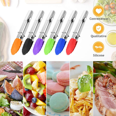 6 Pieces 7 Inch Mini Silicone Tip Tongs Kitchen Serving Tongs Small Metal Locking Tongs for Salad Grilling Cooking, 6 Colors...