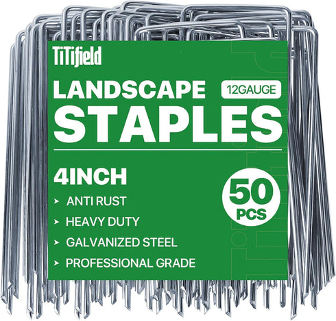 4 Inch 50 Pack Landscape Staples Galvanized Garden Stakes Anti-Rust Landscape Pins for Weed Barrier Fabric, Artificial Turf and Landscape Fabric...