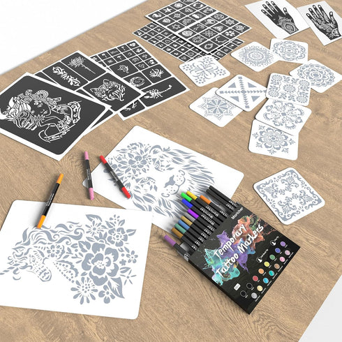 Moricher Temporary Tattoo Kit - 15 Body Markers + 132 Reusable Stencils + Face Gems, Cosmetic Grade Dual-ended Tattoo Pens, A4 Henna Tattoo Templa...