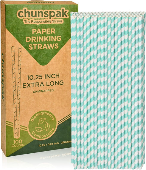 Aqua Paper Straws 10 Inch Extra Long - for Tall Drinks, Baby Shower, Parties, Cocktails - 100 Counts...