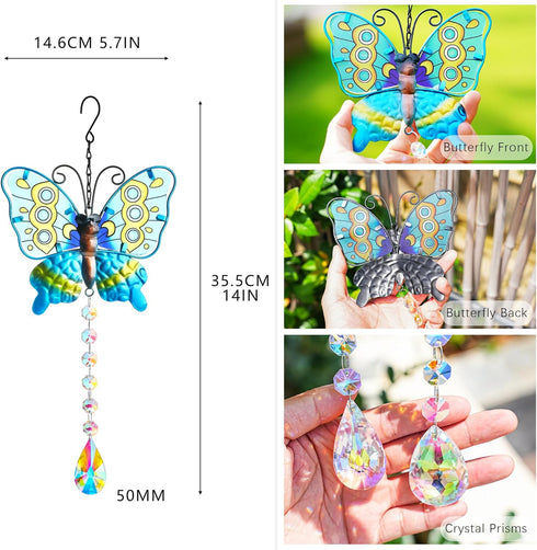 Set 2 Metal Butterfly Suncatchers for Windows - 14" Outdoor Fence Wall Art Decor, Rainbow Prisms Sun Catchers with Crystals Hanging for Home Garde...