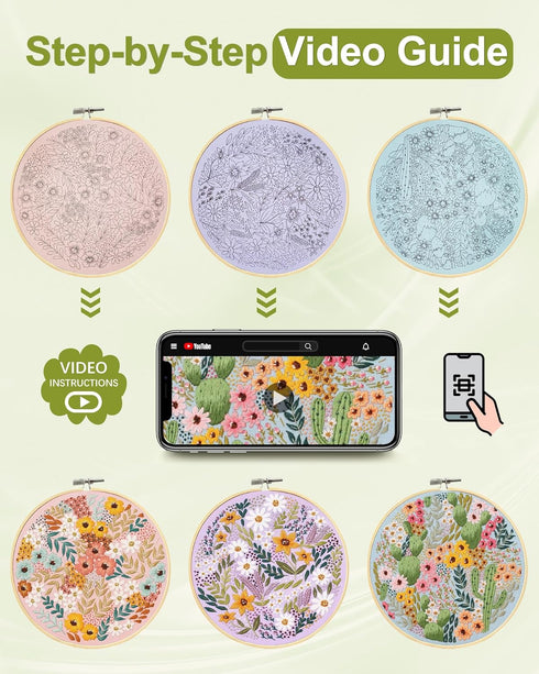 Santune 3 Sets Embroidery Kit,Cross Stitch Kits for Beginners,Needlepoint Kits for Adults with Easy Stamped Flower Pattern Fabric Hand Crafts,Hoop...