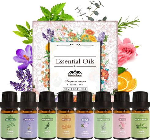 8 Pack Organic Aromatherapy Essential Oil Set, Pure Essential Oil Kit for Diffusers for Home, Peppermint, Lavender, Eucalyptus, Tea Tree,Rose, Ros...