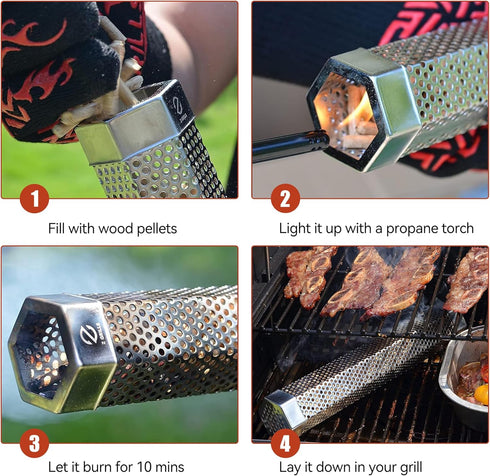 Z GRILLS Pellet Smoker Tube with 2 Hooks and Brush, 12" BBQ Billowing Smoke Mesh Stainless Steel for Cold/Hot Smoking...